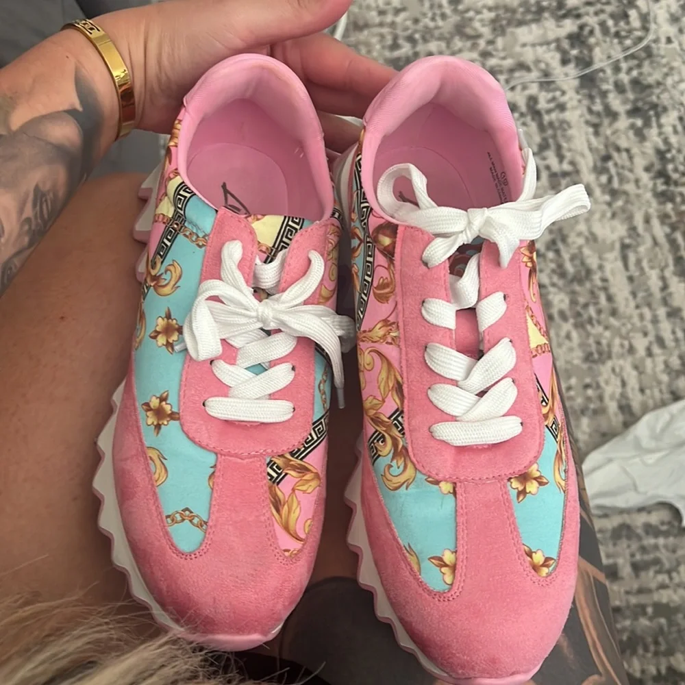 Fashion Nova Pink and Light Blue Baroque Platform Sneakers